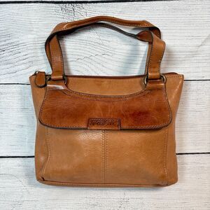 Vintage Fossil Brown Genuine Leather Bag Purse 7"x9"x2" Card Slots Zip 2 Handle